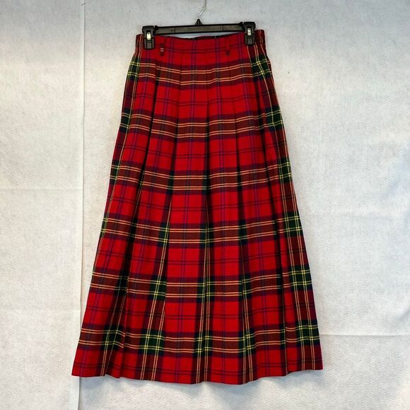 TALBOTS Women’s Plaid Skirt Size 8 Red Tartan Pleated Midi Cotton Christmas - Picture 1 of 10